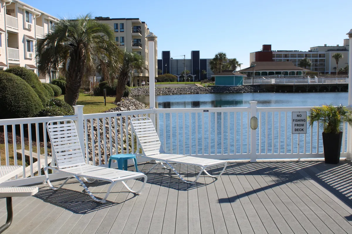 The image showcases a tranquil poolside scene framed by lush palm trees and a pristine white railing, with comfortable lounge chairs inviting guests to relax. The calm water in the pool reflects the serene atmosphere, while the backdrop hints at a sprawling pond and an ideal spot for sunset views.
