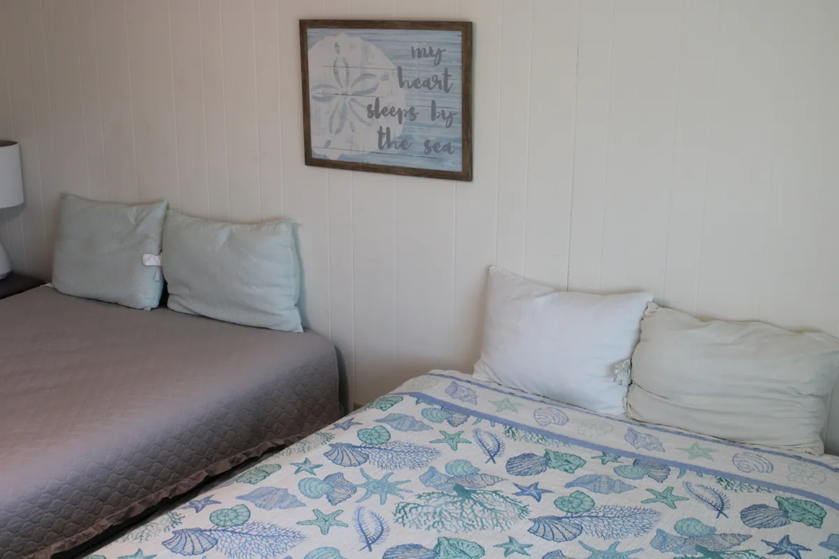 This image features two beds adorned with soft bedding and decorative wall art, creating a serene and tranquil ambiance. The space is awash in gentle, natural light, with a focus on comfort and relaxation—ideal for restful nights and peaceful mornings.