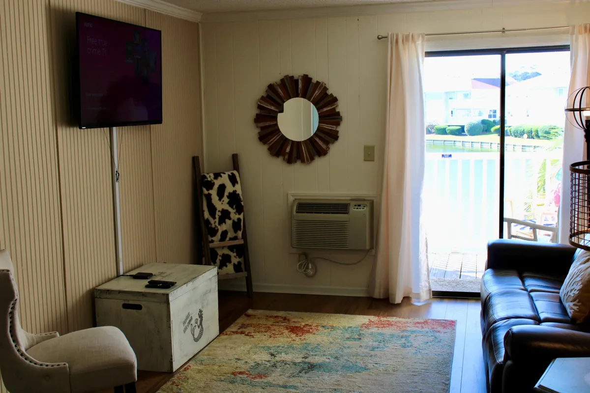 The living space is anchored by a comfortable sofa facing a flat-screen television, complemented by a decorative mirror, a plush rug, and a sliding door that allows natural light to flood the room. The air conditioning unit ensures year-round comfort.